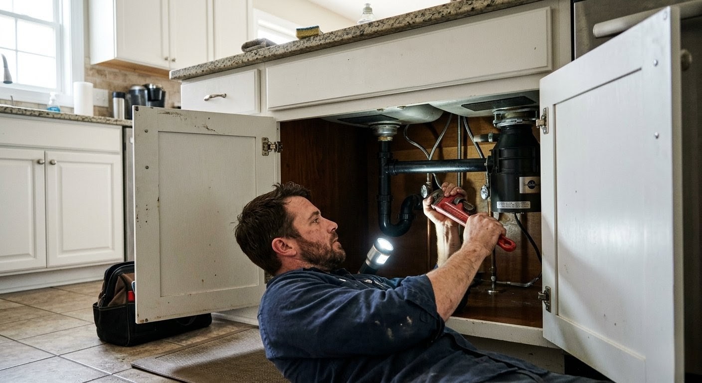 Plumber working under kitchen sink with headlamp and tools